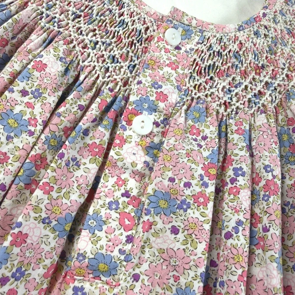 Sweet Dreams Smocked Dress‎ Girls 5 Pink Floral Puff Sleeve Cotton EUC